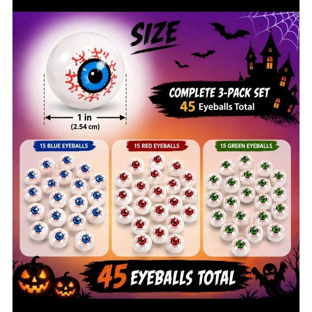 45 Halloween Eyeball Decorations Plastic Bloodshot Eyeballs Ping Pong Party Dec.